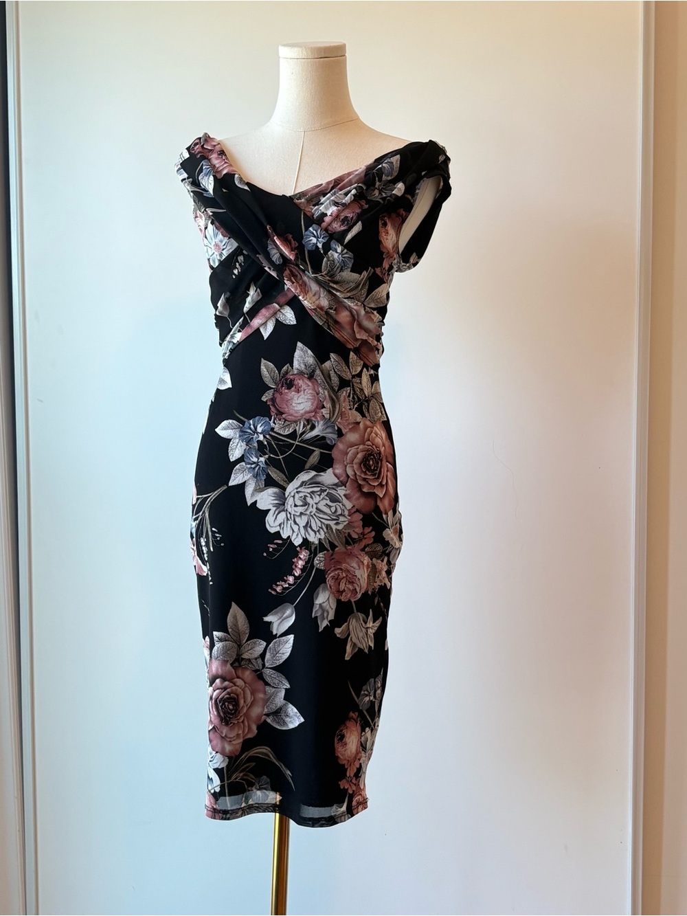 A3 Design Black Midi Dress with Blush Floral Print
